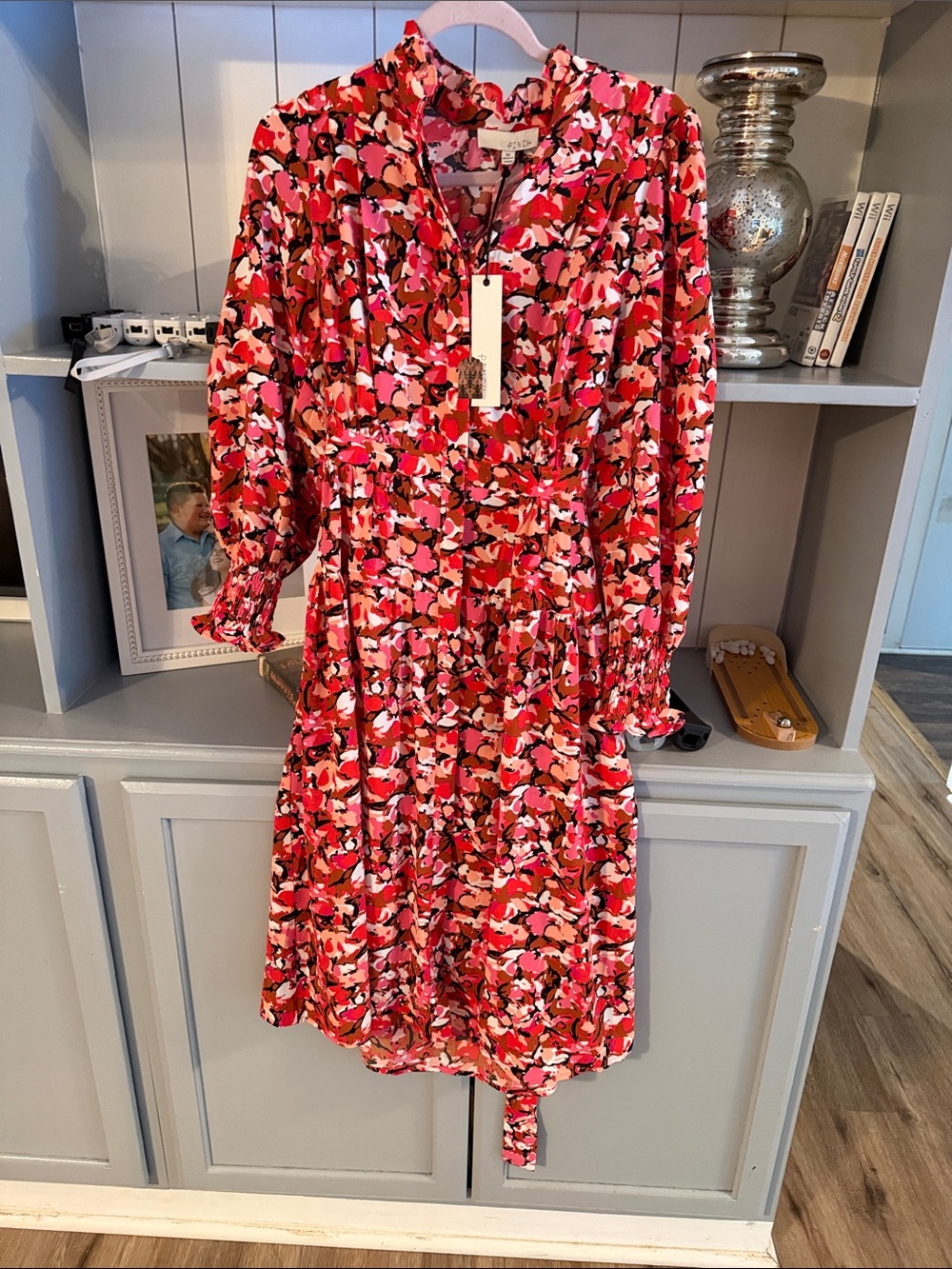 Pinch Pink-Red Floral Long Sleeve Tiered Dress
